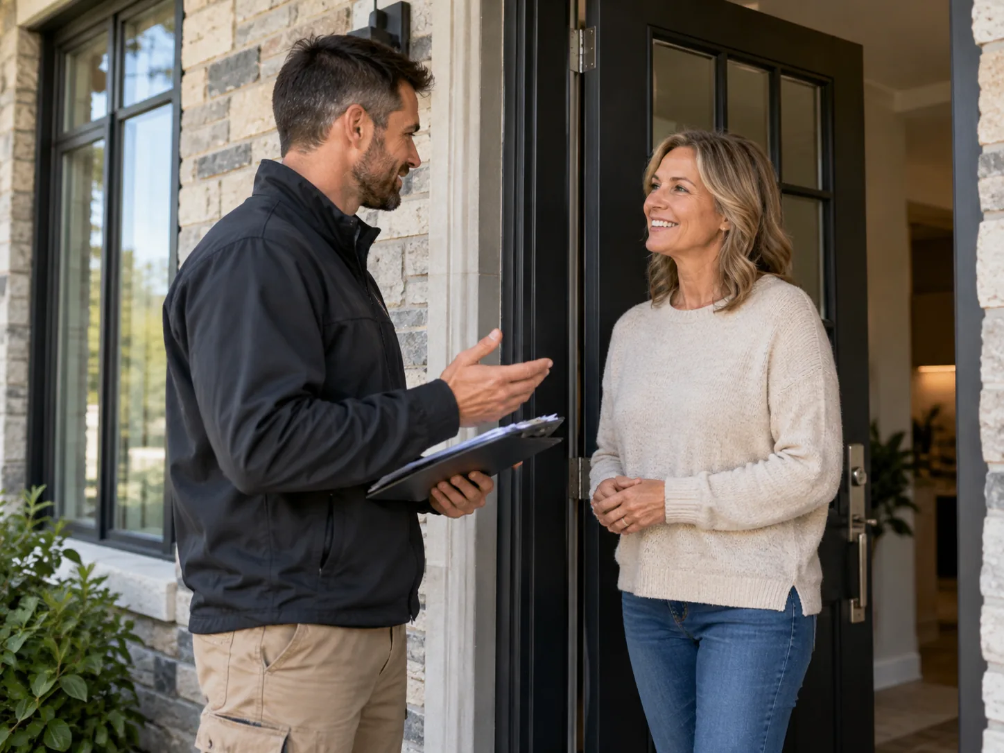 Two people talking beside a residential front door