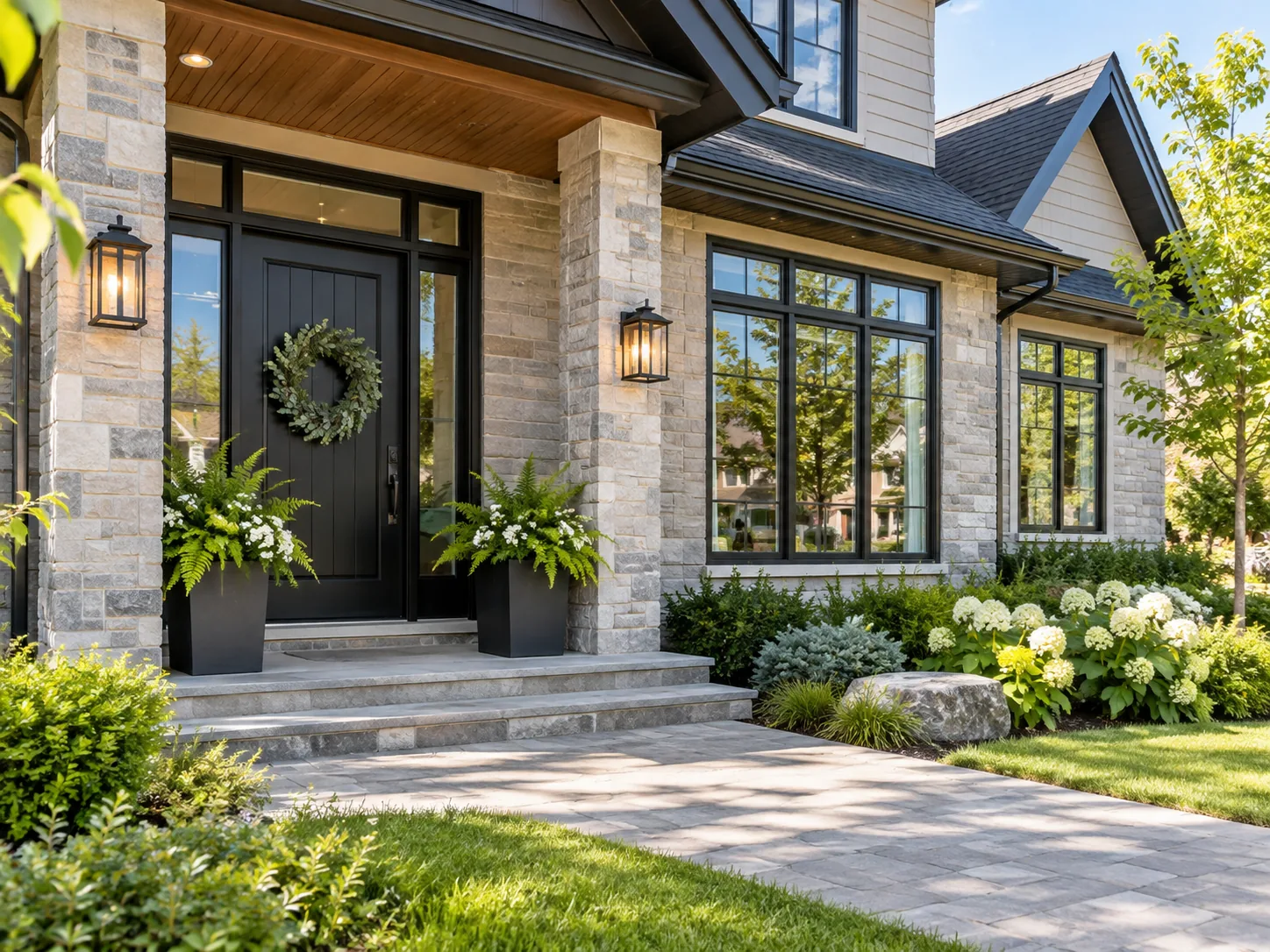 Stone house entrance with a dark door and windows