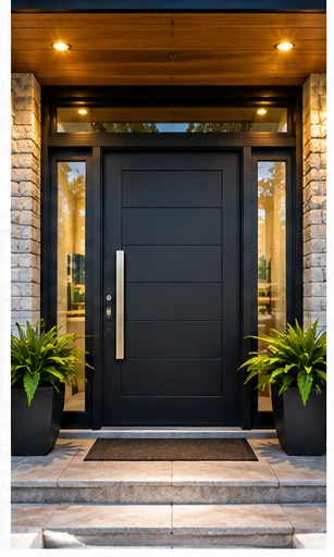 Full view of a modern black entry door with sidelights