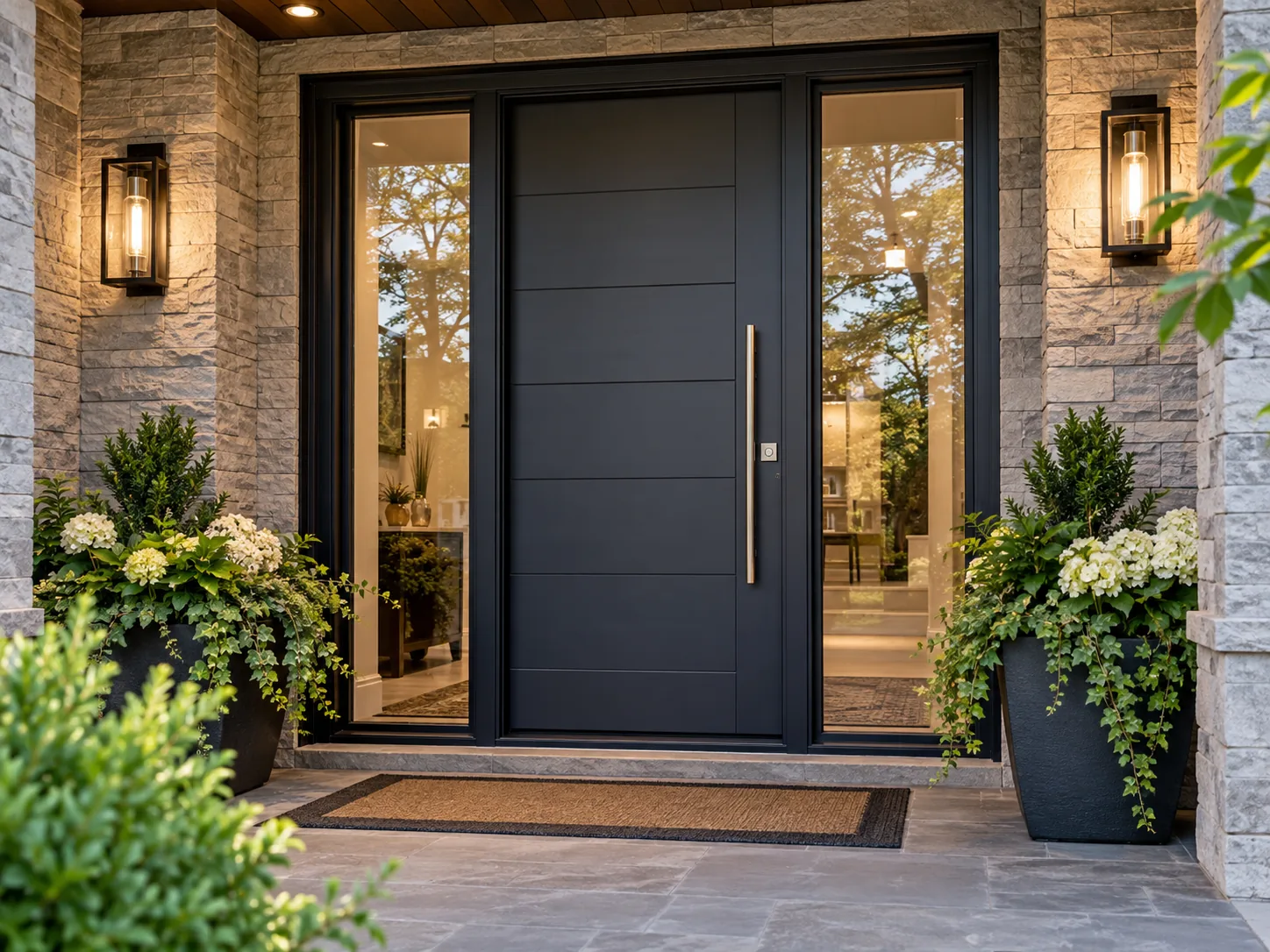 Modern black front door with sidelights on a stone house