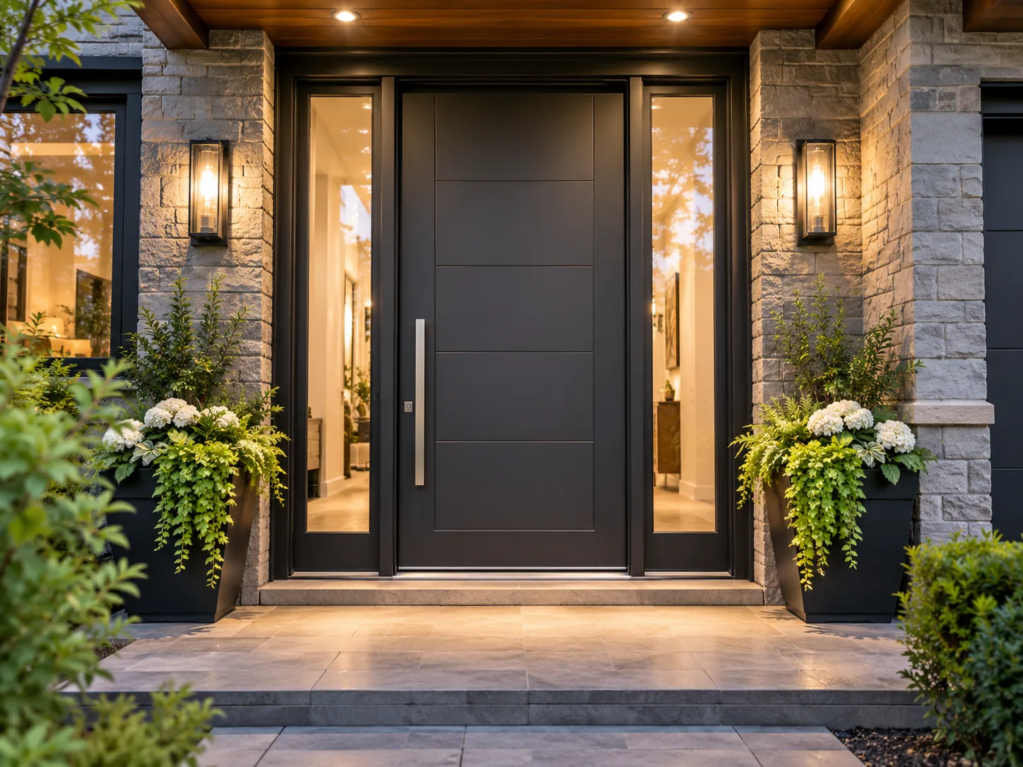 Modern black front door with sidelights at dusk