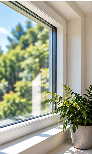 Clear residential window glass above a white sill