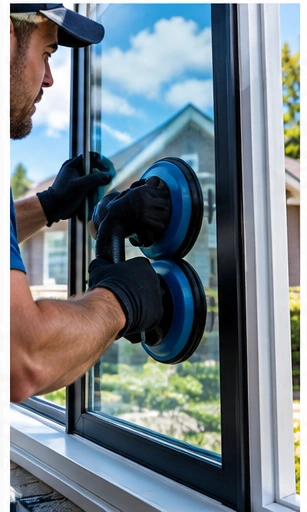 A window pane held with suction cups