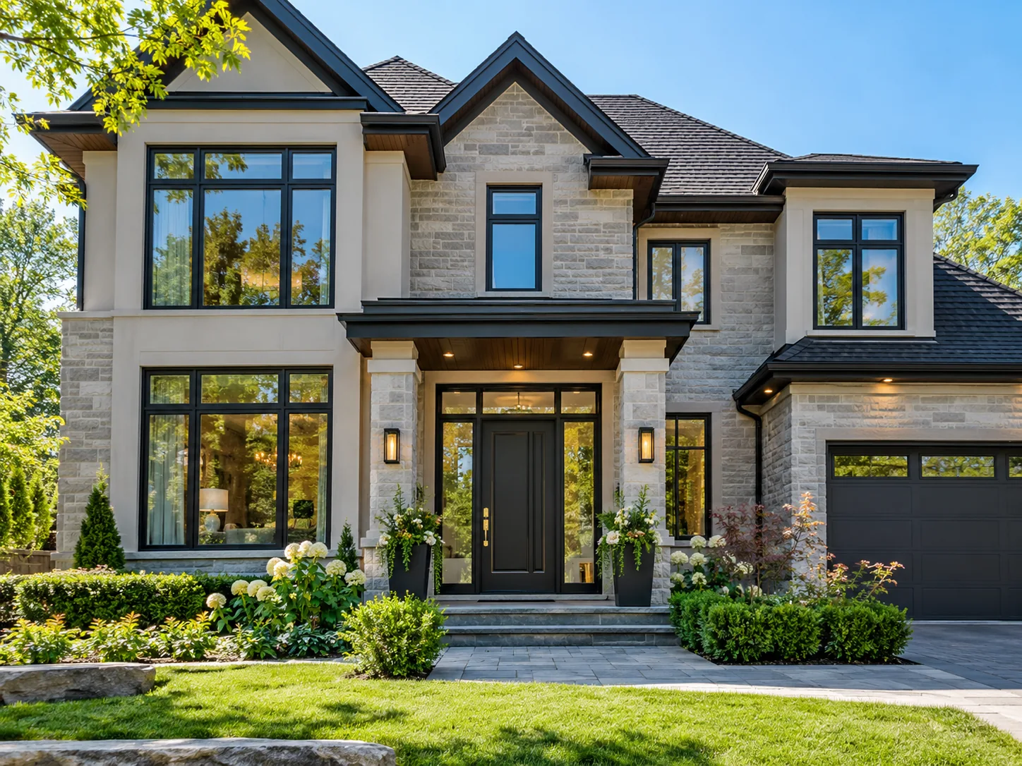 Stone and stucco house with black-framed windows and a dark front door