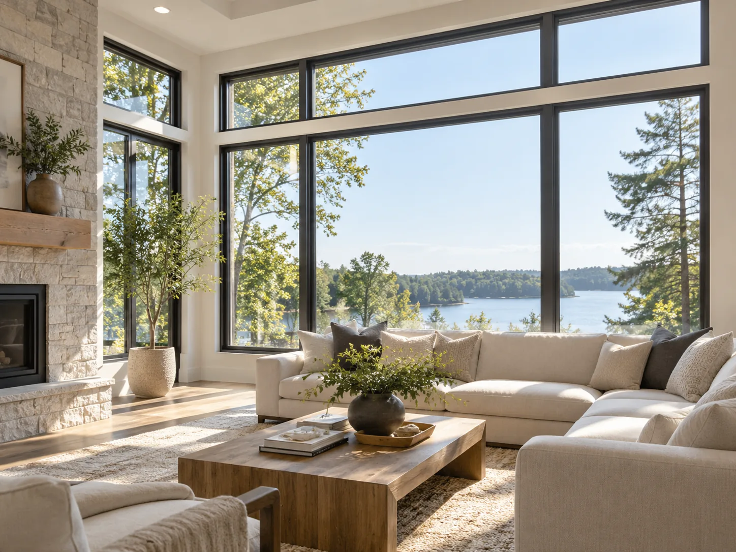 Bright living room with tall modern windows overlooking trees and water
