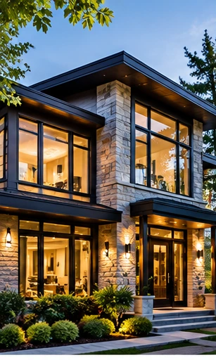Modern stone house at dusk with large black windows and a glass entry