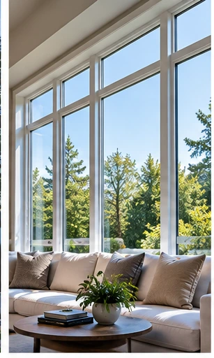Tall living-room windows looking out to trees