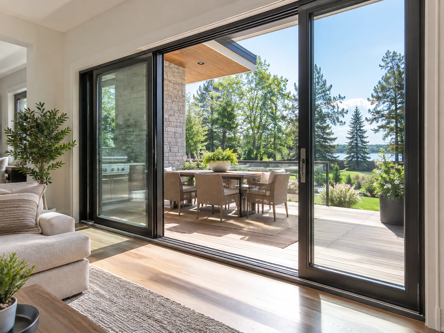 Large sliding patio door open from a living room onto a deck