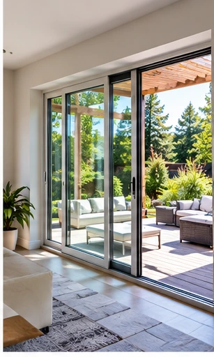 White-framed sliding doors opening a living room to a patio