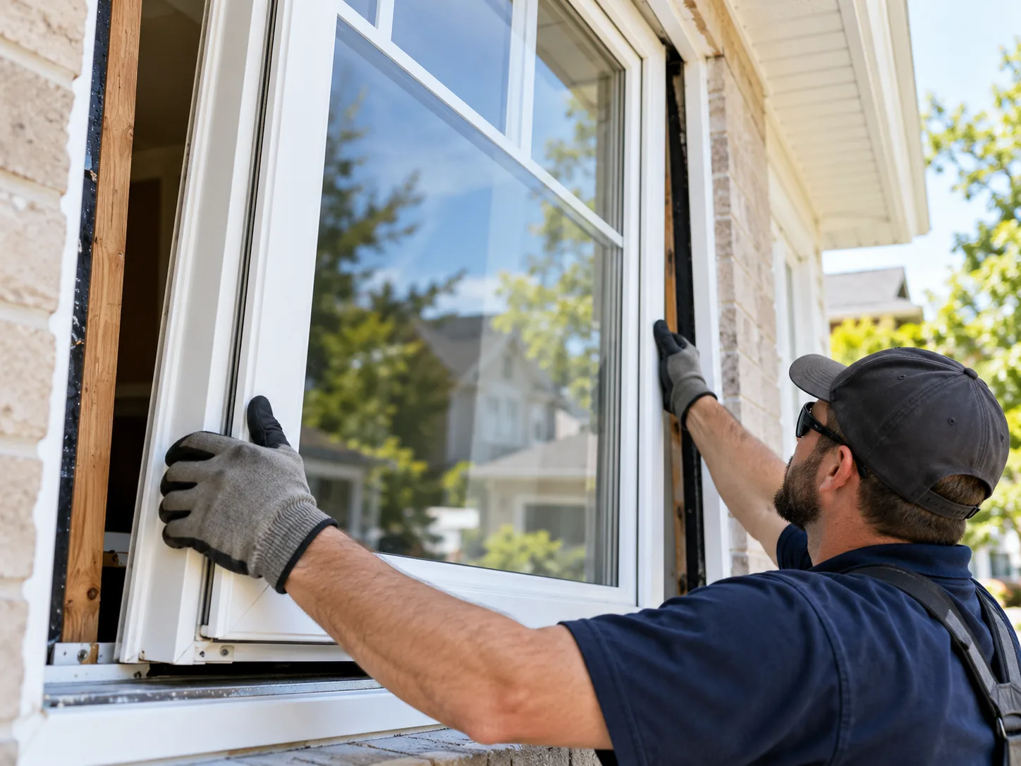 A window unit in a brick wall opening