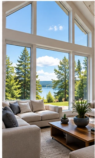 Living room with a tall wall of windows facing the trees